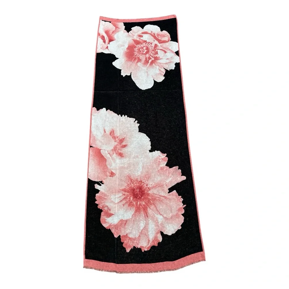 Pink & Black Floral Scarf Wrap Shawl Frayed Edge Lightweight 72 x 25